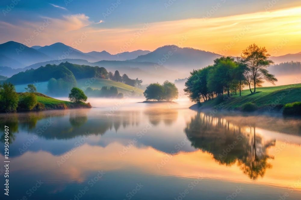 Fototapeta premium Serene Sunrise over Misty Lake and Rolling Hills, Reflecting Golden Light in Still Waters