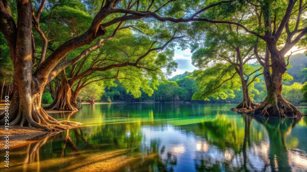 Serene Lakeside Vista Majestic Trees Frame a Tranquil Green Water Reflection, Bathed in Golden Sunlight Serene Lakeside Vista Majestic Trees Frame a Tranquil Green Water Reflection, Bathed in Golden Sunlight