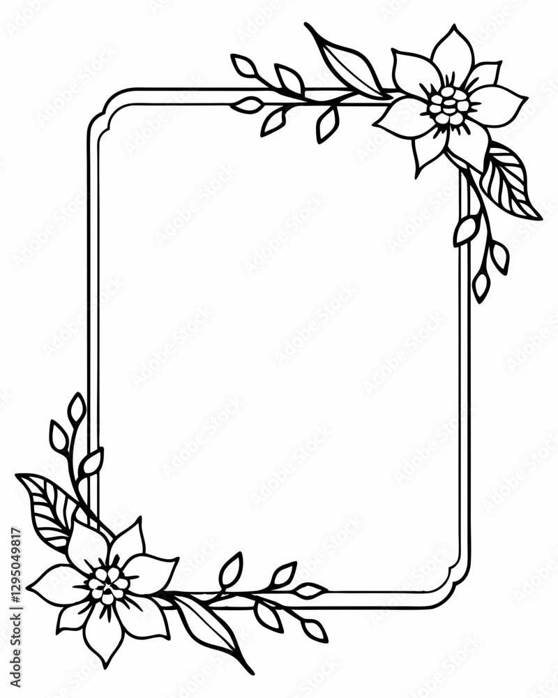 Obraz premium Elegant Rectangular Floral Frame with Delicate Flowers and Leaves in Black and White for Invitations and Decorative Design