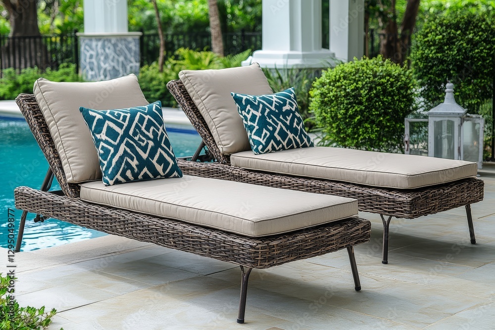 Elegant outdoor wicker chaise lounges with beige cushions and teal accents, placed on a stylish patio by the poolside for relaxation in home decor style. Elegant outdoor wicker chaise lounges with beige cushions and teal accents, placed on a stylish patio by the poolside for relaxation in home decor style.