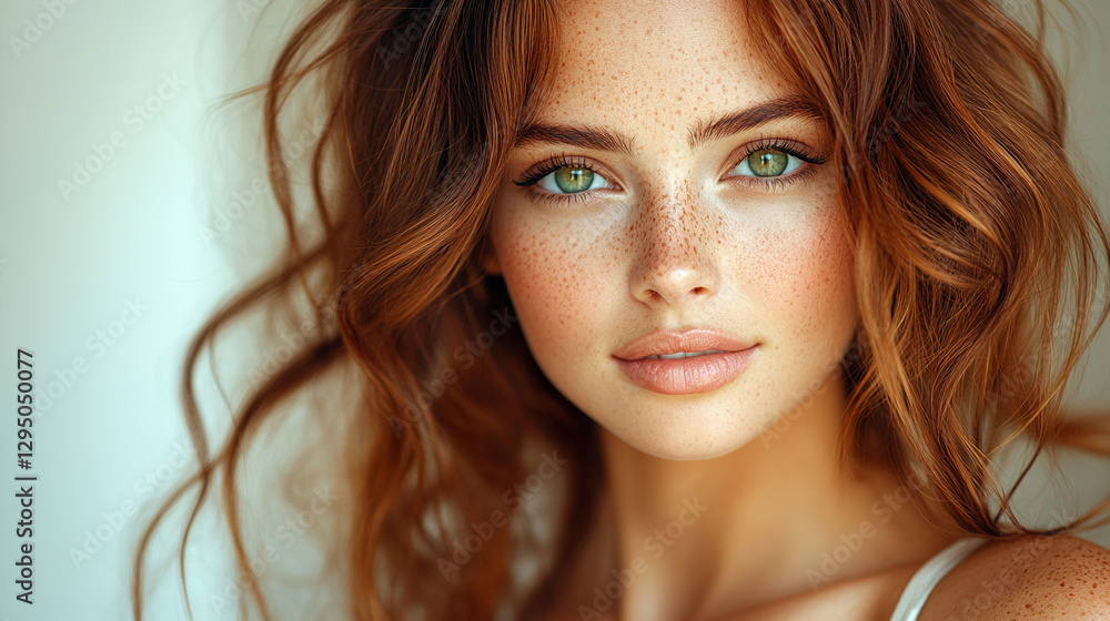 A closeup studio portrait of a beautiful young woman with open brunette hair, green eyes, and a serious expression. Her skin is smooth, and her clavicle and shoulder are visible against a blurred back A closeup studio portrait of a beautiful young woman with open brunette hair, green eyes, and a serious expression. Her skin is smooth, and her clavicle and shoulder are visible against a blurred back