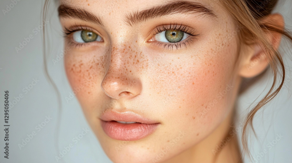 Fototapeta premium A closeup studio portrait of a beautiful young woman with open brunette hair, green eyes, and a serious expression. Her skin is smooth, and her clavicle and shoulder are visible against a blurred back
