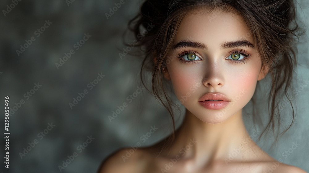 A closeup studio portrait of a beautiful young woman with open brunette hair, green eyes, and a serious expression. Her skin is smooth, and her clavicle and shoulder are visible against a blurred back A closeup studio portrait of a beautiful young woman with open brunette hair, green eyes, and a serious expression. Her skin is smooth, and her clavicle and shoulder are visible against a blurred back