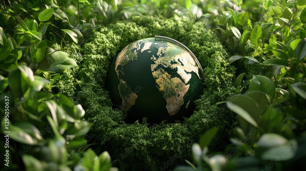 Green globe surrounded by vibrant green leaves representing environmental conservation and sustainability Green globe surrounded by vibrant green leaves representing environmental conservation and sustainability