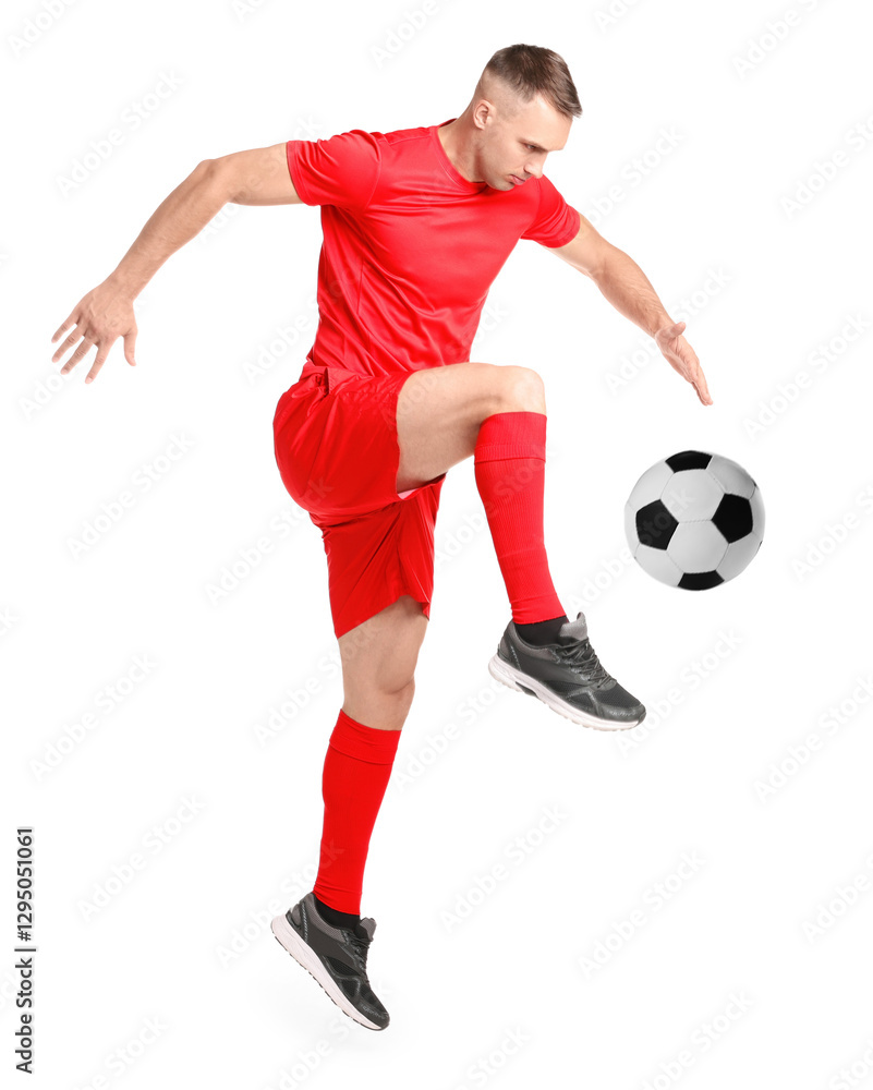Football player in sportswear kicking soccer ball on white background Football player in sportswear kicking soccer ball on white background