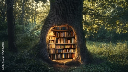 A Magical Forest Library: Bookshelf Hidden Inside an Ancient Tree Trunk