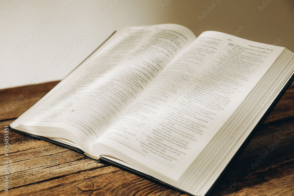 Open Holy Bible in English language on wooden table, closeup