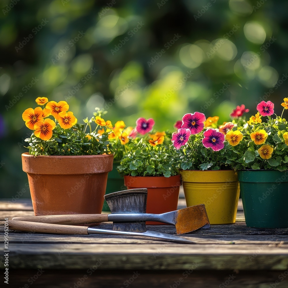 A rustic wooden table is adorned with numerous colorful pots of vibrant flowers and various gardening tools. A rustic wooden table is adorned with numerous colorful pots of vibrant flowers and various gardening tools.