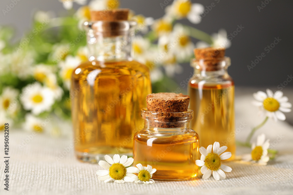 Bottles of essential oil and chamomile flowers on cloth, closeup Bottles of essential oil and chamomile flowers on cloth, closeup
