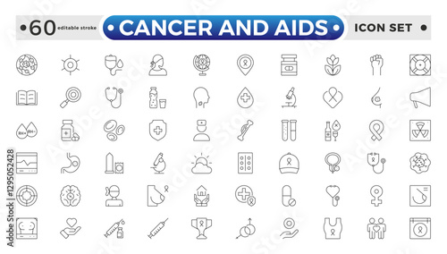 Cancer and AIDS icon set. Containing tumor, oncology, chemotherapy, biopsy, radiotherapy, ribbon, breast cancer, remission and more. Editable stroke outline icon.
