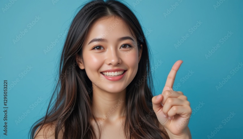 Smiling Woman Pointing Up, Happy Asian Female, Blue Background Studio Portrait Smiling Woman Pointing Up, Happy Asian Female, Blue Background Studio Portrait