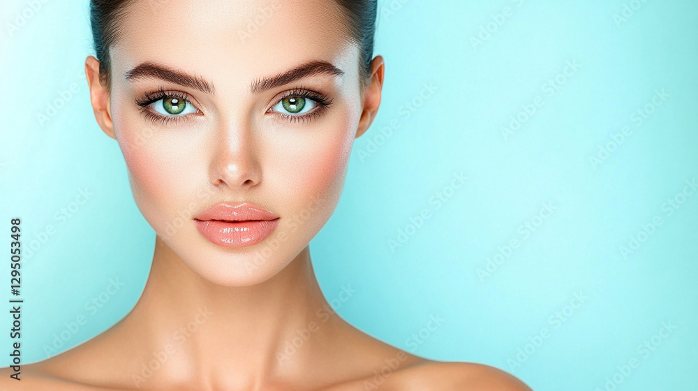 A closeup studio portrait of a beautiful young woman with open brunette hair, green eyes, and a serious expression. Her skin is smooth, and her clavicle and shoulder are visible against a blurred back A closeup studio portrait of a beautiful young woman with open brunette hair, green eyes, and a serious expression. Her skin is smooth, and her clavicle and shoulder are visible against a blurred back
