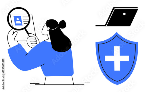 Person examines ID with magnifying glass, laptop and shield with cross icon. Ideal for identity verification, cybersecurity, digital trust, personal data protection, health information security
