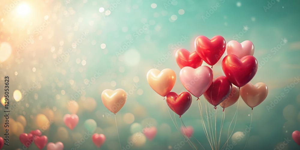 Heart-shaped balloons ascend against a dreamy, bokeh-filled sky, symbolizing love and celebration. Heart-shaped balloons ascend against a dreamy, bokeh-filled sky, symbolizing love and celebration.