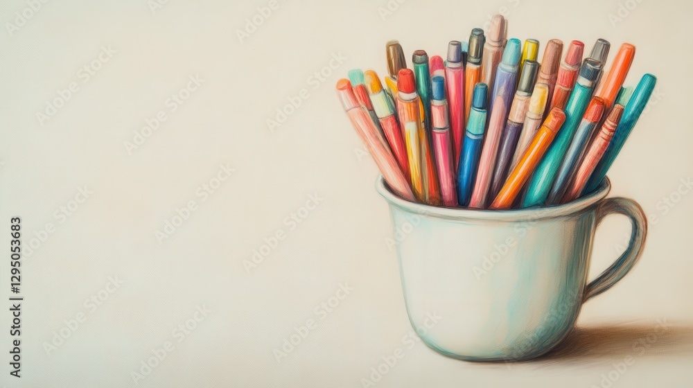 Colorful Writing Implements in a Cup on a Plain Background Colorful Writing Implements in a Cup on a Plain Background
