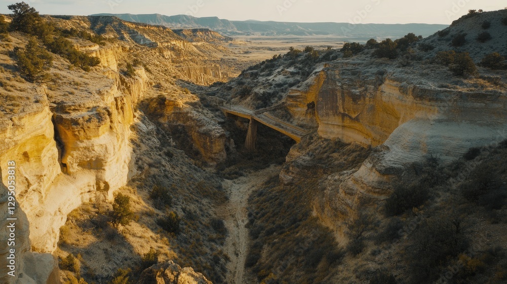Canyon Bridge at Sunset: Golden Cliffs and Desert Landscape Canyon Bridge at Sunset: Golden Cliffs and Desert Landscape