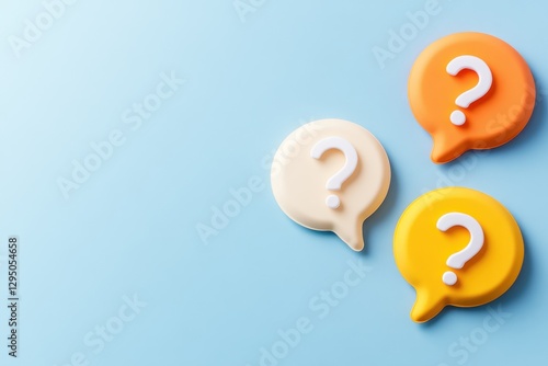 Colorful Question Mark Speech Bubbles on a Blue Background Representing Answers and Solutions
