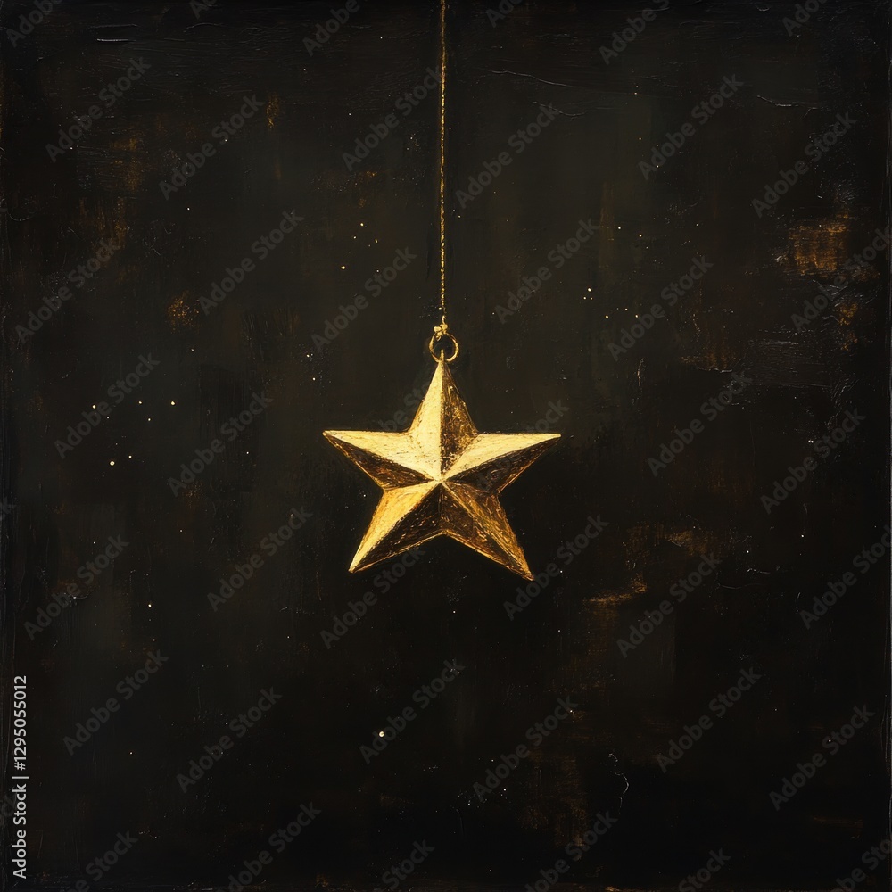 Fototapeta premium A shiny gold star dangles gracefully from a delicate string against a deep, rich black background.