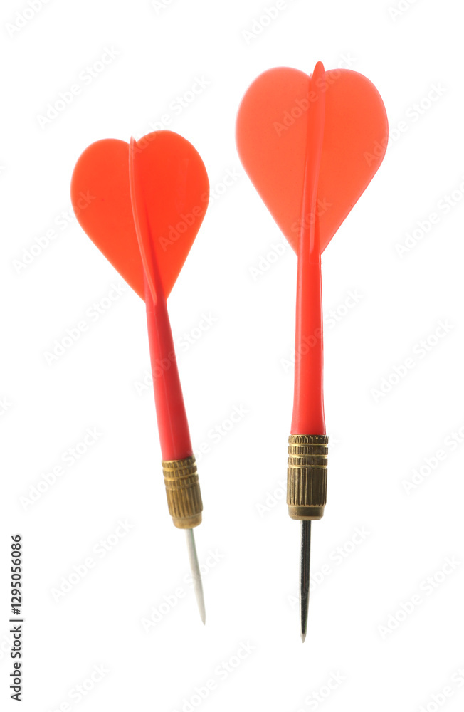 Red dart arrows in air isolated on white. Sports equipment Red dart arrows in air isolated on white. Sports equipment