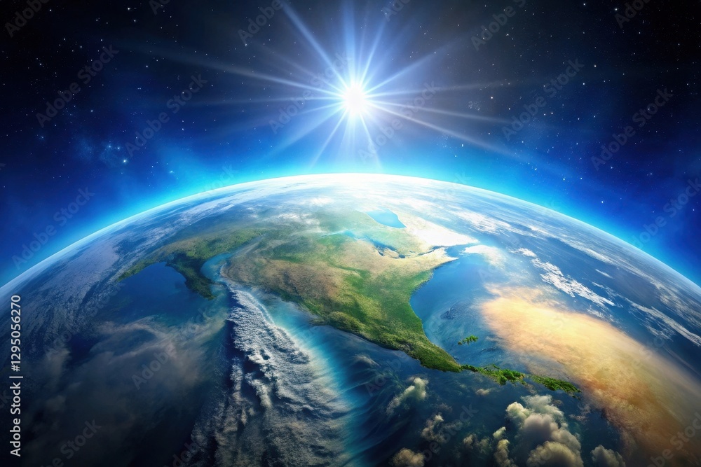 Obraz premium A Radiant Sunrise Illuminates a Vibrant Planet Earth, Showcasing the Beauty of Continents and Oceans