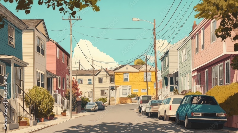 Fototapeta premium Vibrant street scene showcasing colorful houses and parked cars under a clear blue sky