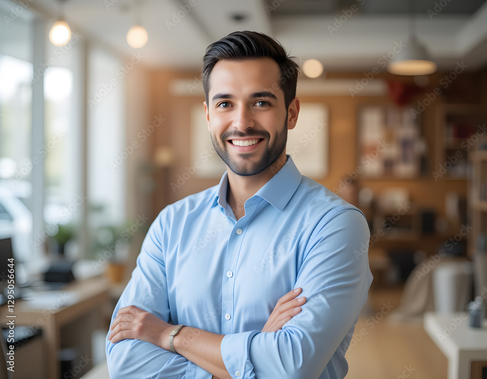 Obraz premium Handsome smiling businessman in blue shirt standing with arms crossed