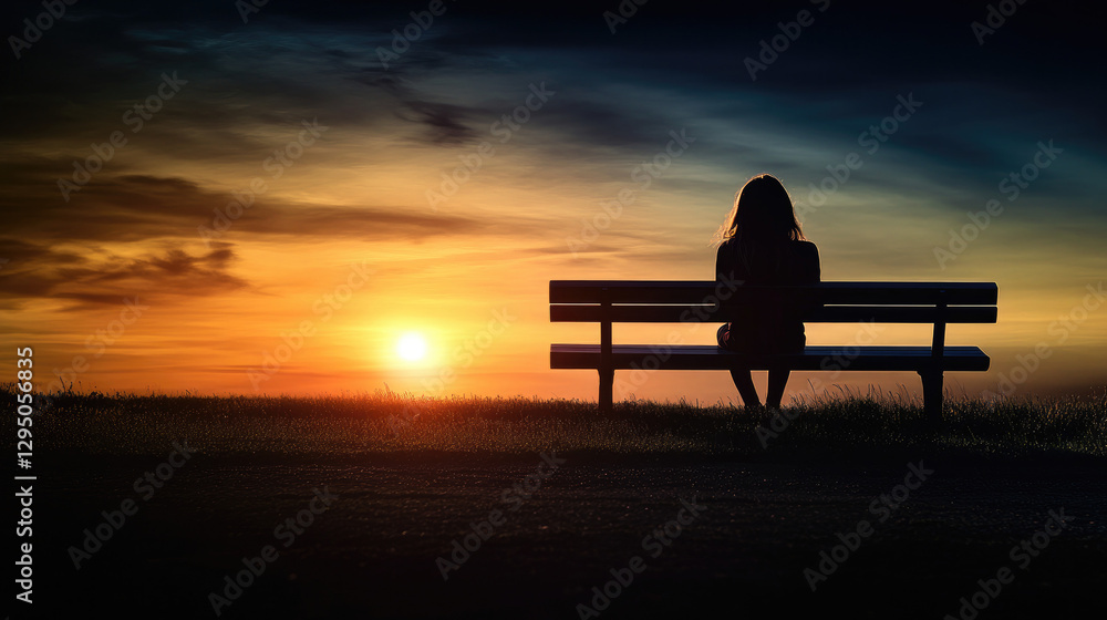 Obraz premium Solitary teenager sitting on park bench gazing at distant sunset, surrounded by empty space, symbolizing isolation and introspection. Youthful reflection and emotional solitude concept.