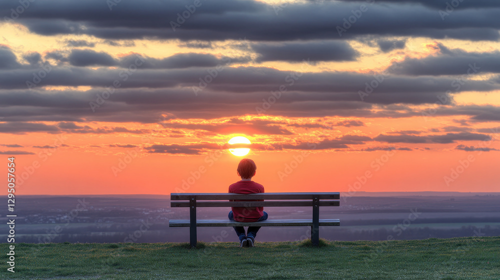 Solitary teenager sitting on park bench gazing at distant sunset, surrounded by empty space, symbolizing isolation and introspection. Youthful reflection and emotional solitude concept. Solitary teenager sitting on park bench gazing at distant sunset, surrounded by empty space, symbolizing isolation and introspection. Youthful reflection and emotional solitude concept.