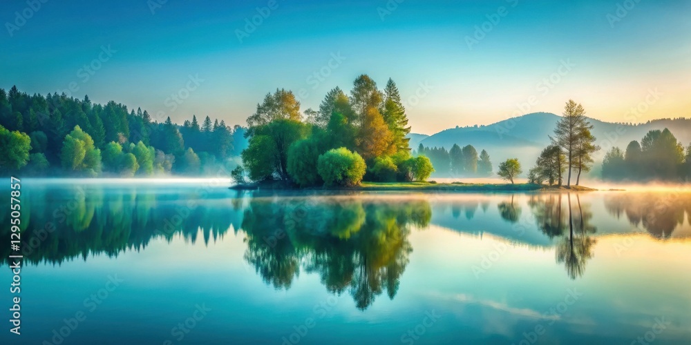 Obraz premium Serene Sunrise Over Still Water, Reflecting Lush Greenery and Misty Shores, Creating a Peaceful and Tranquil Landscape