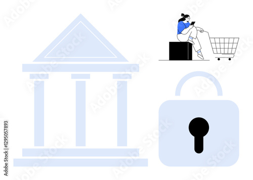 Woman using laptop, shopping cart, large lock, and classical bank building. Ideal for online security, digital banking, e-commerce, data protection, financial technology secure transactions fraud