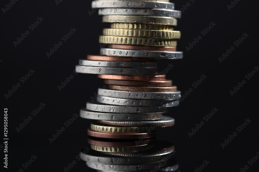 Many stacked coins on dark mirror surface, closeup Many stacked coins on dark mirror surface, closeup