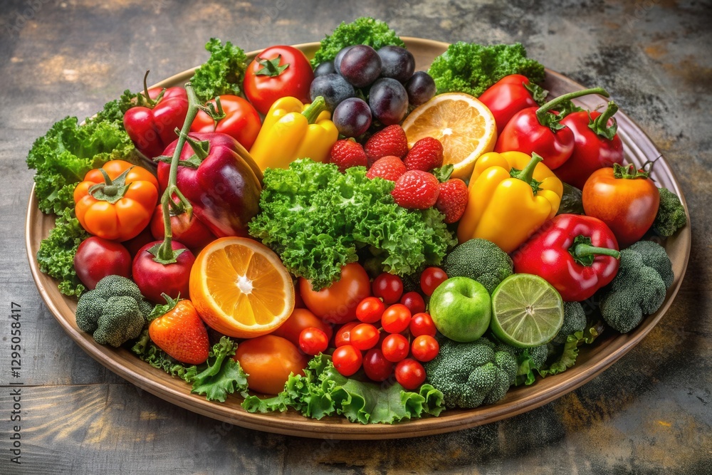A vibrant assortment of fresh produce, showcasing a colorful array of bell peppers, tomatoes, citrus fruits, leafy greens, and broccoli, arranged artfully on a rustic wooden platter. A vibrant assortment of fresh produce, showcasing a colorful array of bell peppers, tomatoes, citrus fruits, leafy greens, and broccoli, arranged artfully on a rustic wooden platter.
