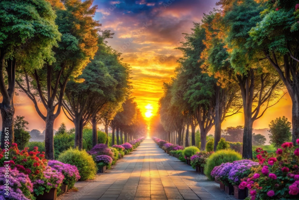 Obraz premium Serene Sunset Pathway Through a Lush Garden of Vibrant Blossoms and Towering Trees