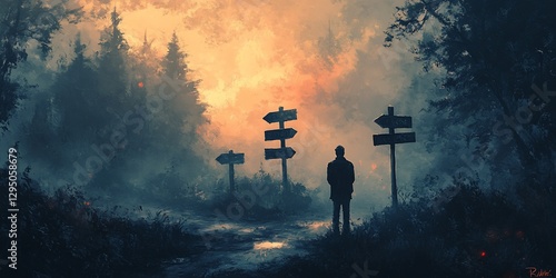 Contemplative Figure at Crossroads, Navigating Life's Uncertain Paths