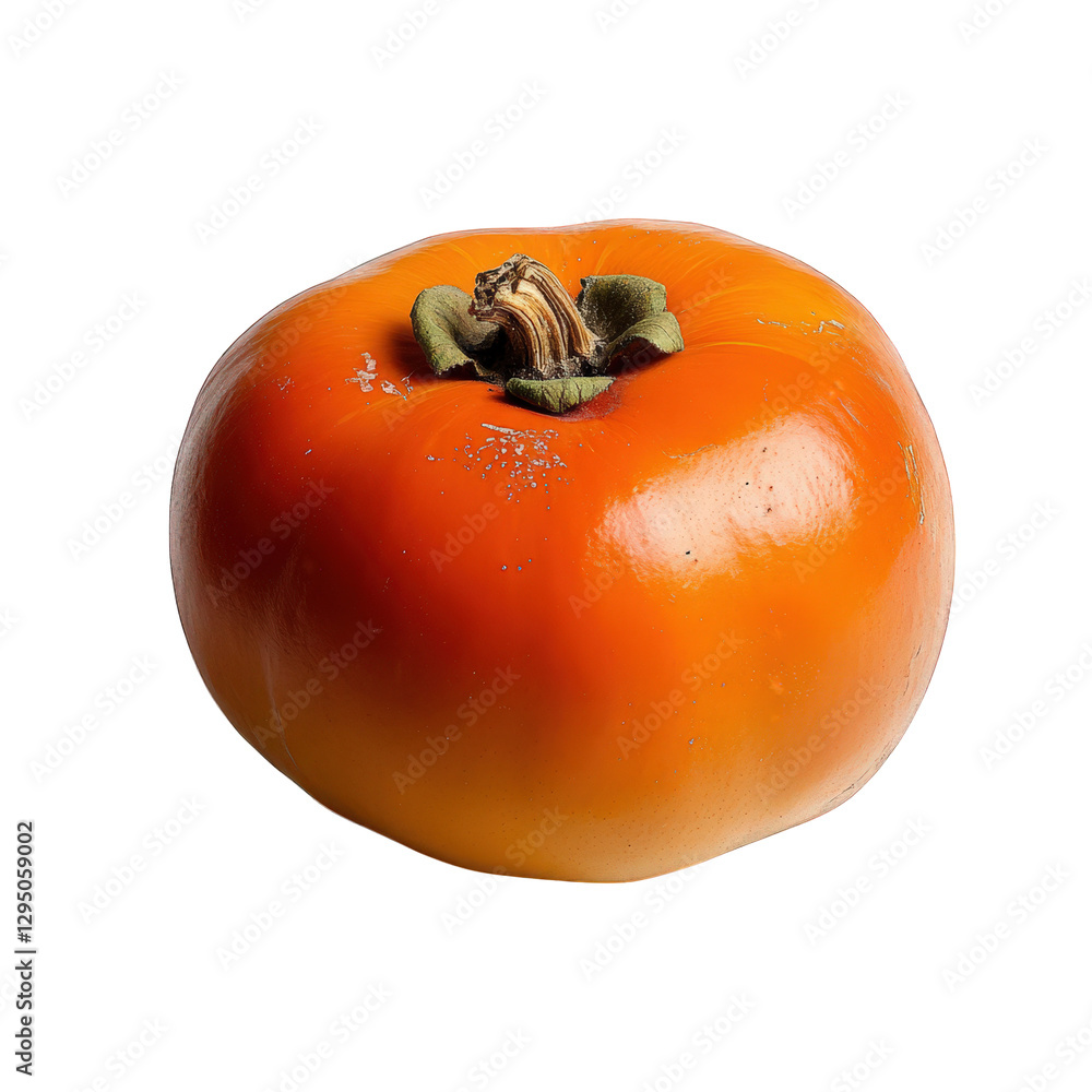 ripe. orange persimmon with a smooth surface and a green calyx at the top. set against a white background the fruit is whole and emphasizes its vibrant color and glossy texture. highlighting its appea ripe. orange persimmon with a smooth surface and a green calyx at the top. set against a white background the fruit is whole and emphasizes its vibrant color and glossy texture. highlighting its appea