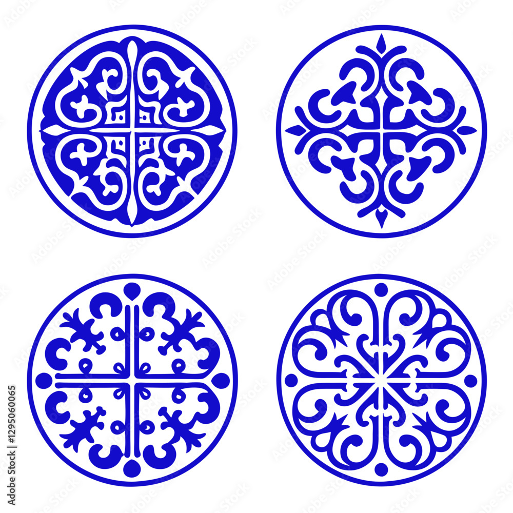 Intricate blue circular designs with elegant patterns and symmetrical motifs Intricate blue circular designs with elegant patterns and symmetrical motifs