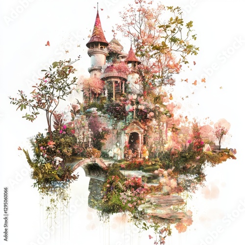 Enchanted fairytale castle surrounded by blooming flowers, butterflies, vibrant greenery, and serene water reflections in springtime photo