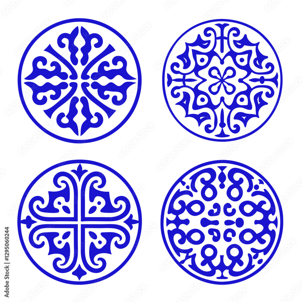 Intricate blue circular designs with elegant patterns and symmetrical motifs Intricate blue circular designs with elegant patterns and symmetrical motifs