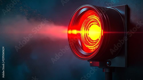Red laser beam emits from futuristic device, dark background
