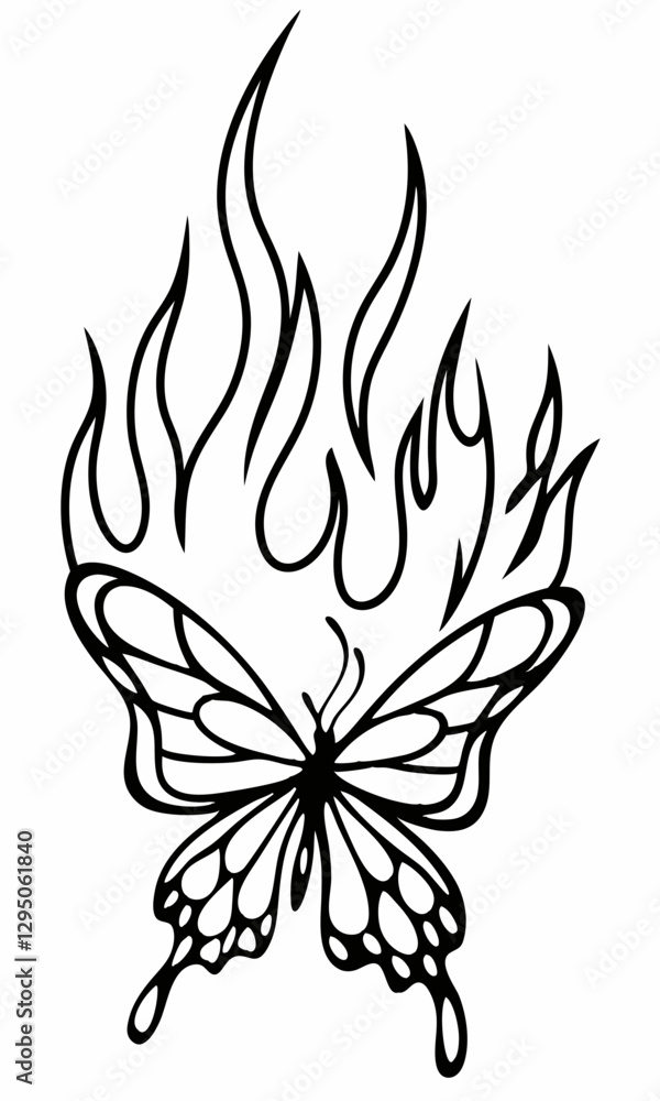 Intricate design of a butterfly surrounded by flames, symbolizing transformation and passion Intricate design of a butterfly surrounded by flames, symbolizing transformation and passion