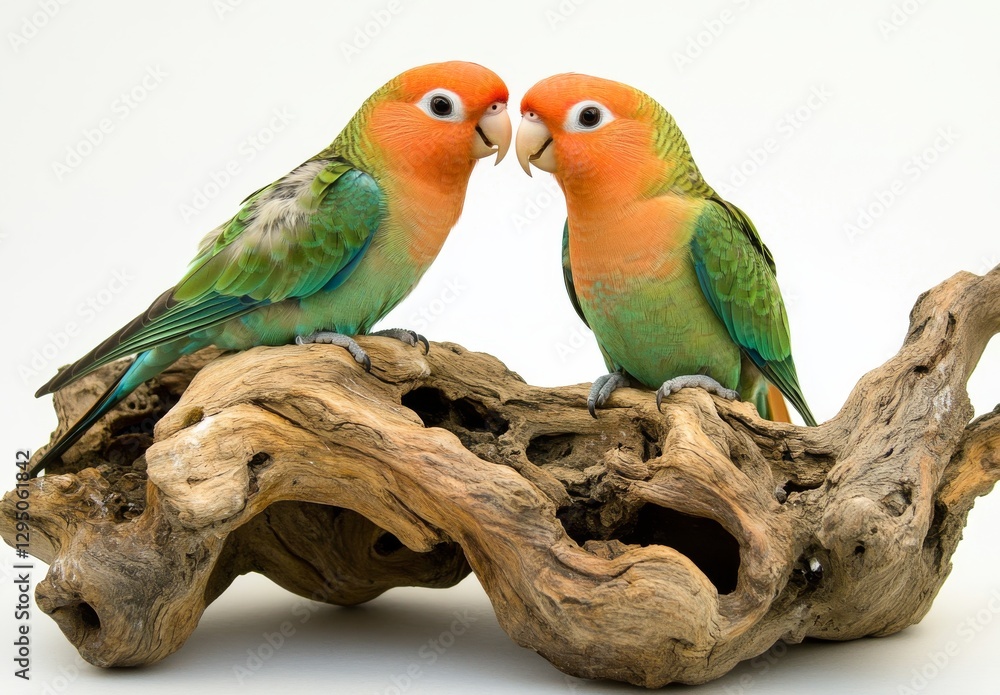 Two lovebirds perched on driftwood isolated on white background Two lovebirds perched on driftwood isolated on white background