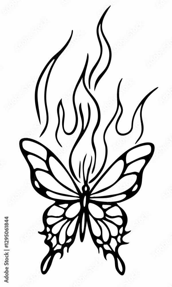Intricate design of a butterfly surrounded by flames, symbolizing transformation and passion Intricate design of a butterfly surrounded by flames, symbolizing transformation and passion