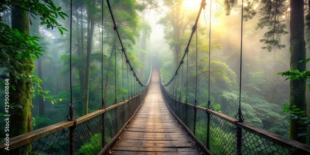 Obraz premium Wooden suspension bridge pathway through a mystical fog-laden forest at sunrise