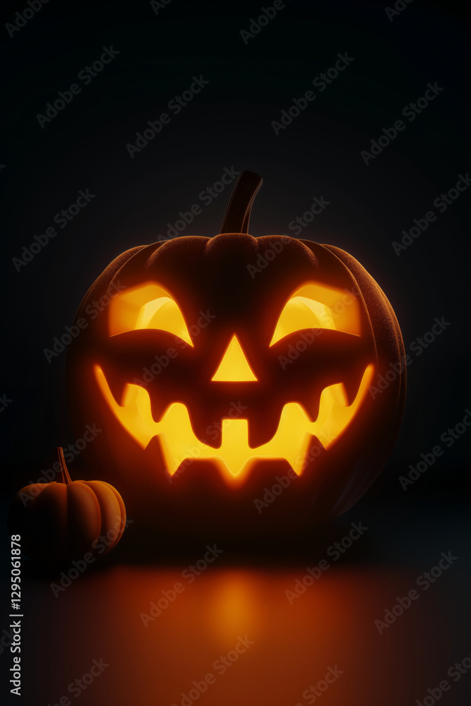 A sinister-looking carved Halloween pumpkin glowing in the dark, surrounded by small pumpkins. Concept of Halloween, spooky atmosphere, and autumn festivity. A sinister-looking carved Halloween pumpkin glowing in the dark, surrounded by small pumpkins. Concept of Halloween, spooky atmosphere, and autumn festivity.