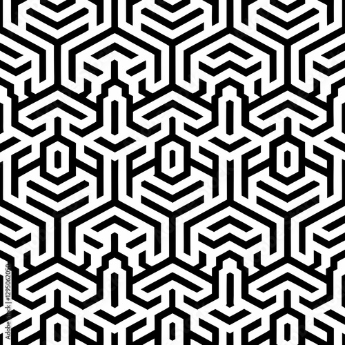 Intricate black and white geometric maze pattern with interconnected lines, creating a visually stimulating and modern design