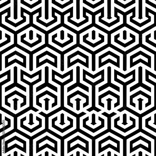 Intricate black and white geometric maze pattern with interconnected lines, creating a visually stimulating and modern design
