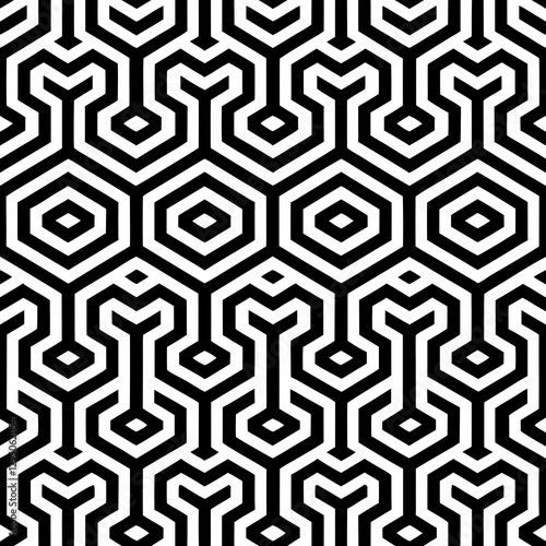 Intricate black and white geometric maze pattern with interconnected lines, creating a visually stimulating and modern design