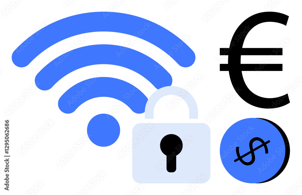 wireless signal, padlock, Euro, and Dollar symbols visually connect secure connectivity and financial transactions. Ideal for cybersecurity, online banking, fintech, digital security, e-commerce wireless signal, padlock, Euro, and Dollar symbols visually connect secure connectivity and financial transactions. Ideal for cybersecurity, online banking, fintech, digital security, e-commerce