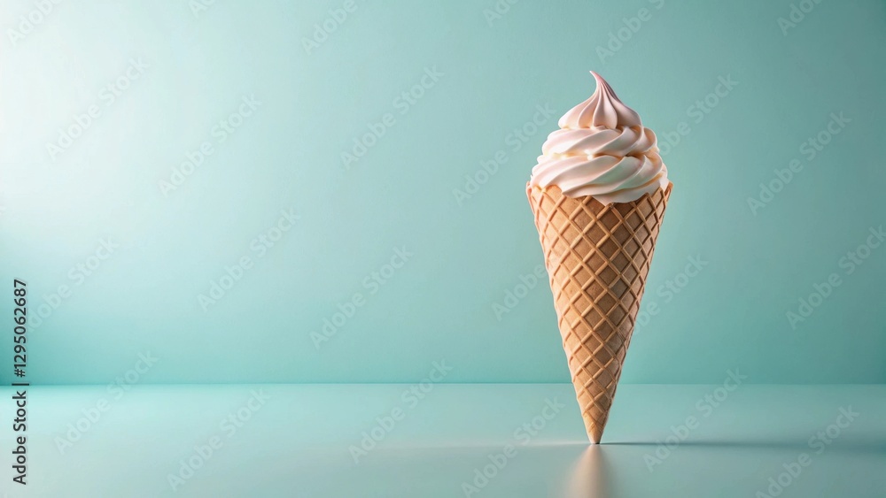A Single Scoop of Creamy Frozen Dessert in a Waffle Cone on a Light Teal Background A Single Scoop of Creamy Frozen Dessert in a Waffle Cone on a Light Teal Background