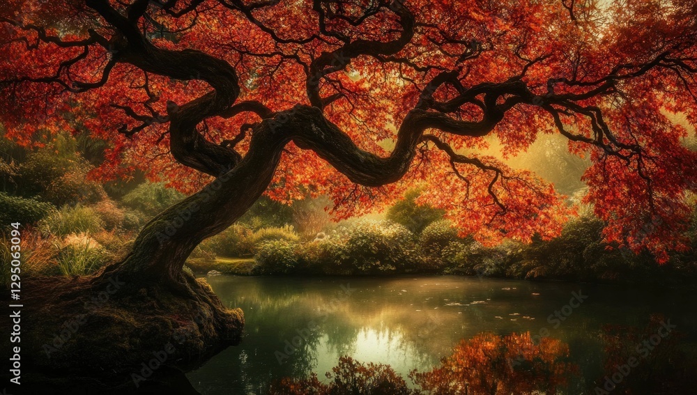 Fototapeta premium Majestic autumnal Japanese Maple tree beside calm pond.